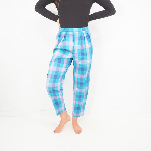 80s Vintage Plaid Trousers‎ Pink and Blue Check Cropped Slacks Size 4 Waist 27 - Picture 3 of 9